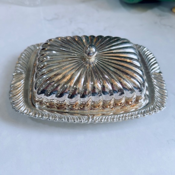 Other - Vintage Silver Plated Gadroon Butter Dish with Glass Liner Fluted Dome Lid Good